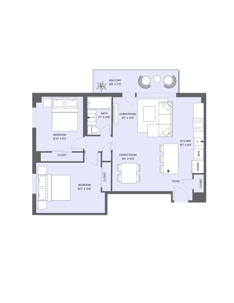 Floor plan for 2 beds, 1 bath, 729 sqft